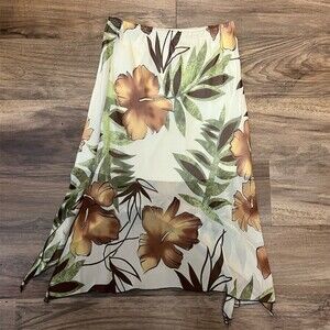 Womens Tropical Floral Midi Skirt Size S Brown & Cream Asym Hem Pull On